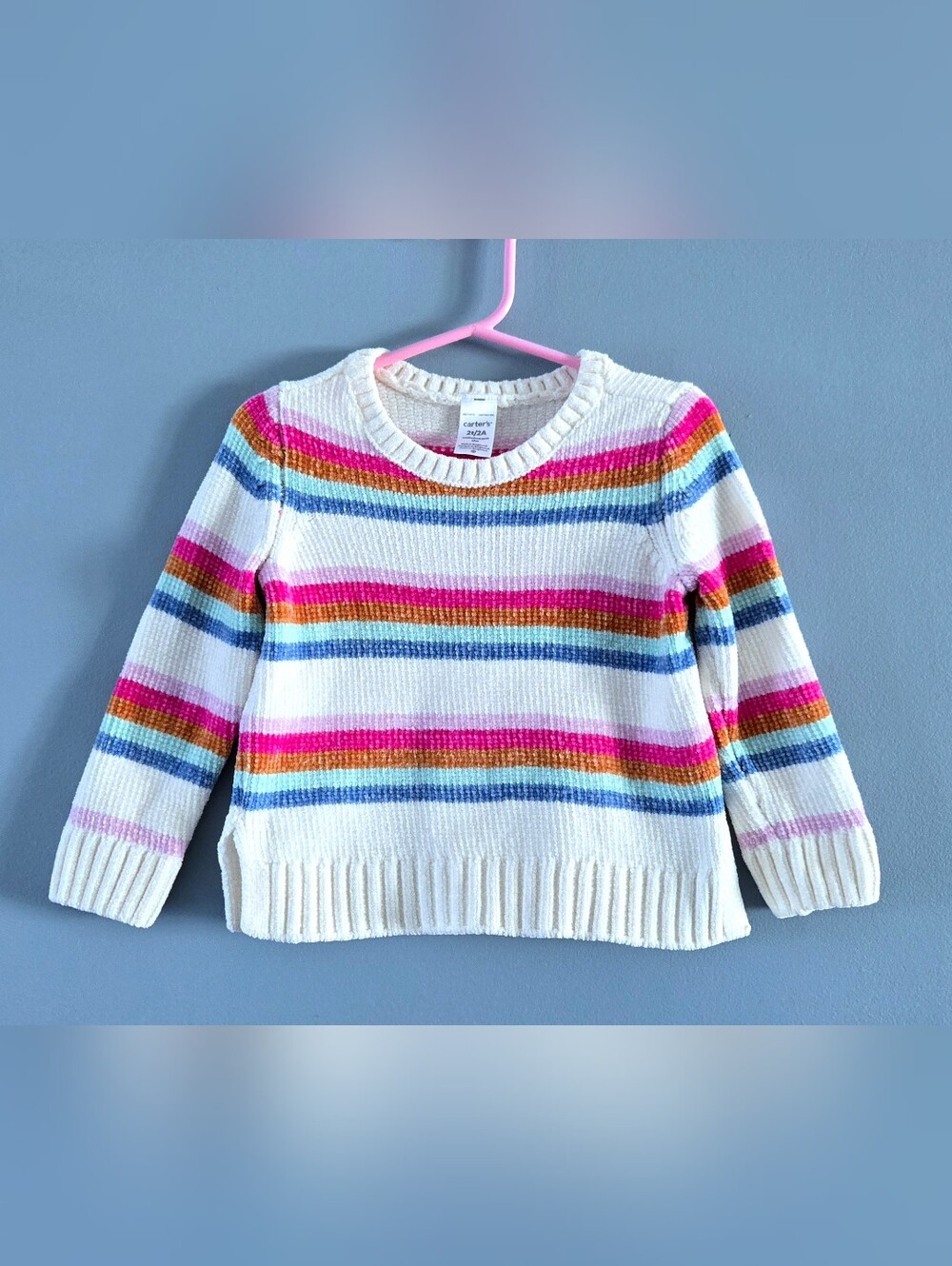 White Ribbed Chenille Sweater with Rainbow Stripes 2T